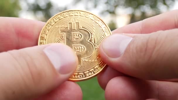 Manos de hombre celebración criptomoneda BTC Bitcoin monedas — Vídeos de Stock