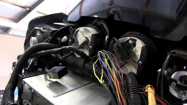 Electric Wires and Electronics wiring on motorcycle repair workshop — Stock Video