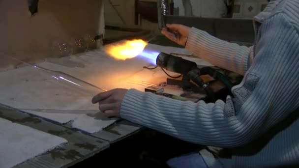 Professionista di soffiaggio del vetro che lavora sulla fiamma della torcia con i tubi di vetro — Video Stock