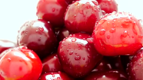 Bando de cerejas vermelhas com gotas de água — Vídeo de Stock