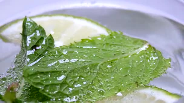 Slices of lime and mint leaves in liquid with clear Drink — Stock Video