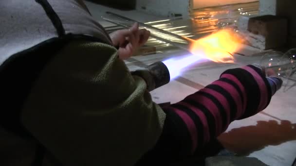 Glassblowing Professional Working on Torch Flame with Glass Tubes — Stock Video