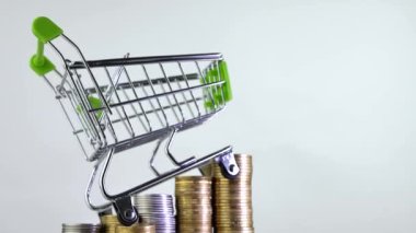Alışveriş sepeti veya yığın para sikke üzerinde Pazar sepeti. Online mağaza kavramı