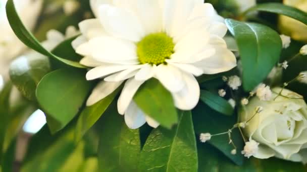 Witte bloemen en groene bladeren in bruids boeket op bruiloft — Stockvideo