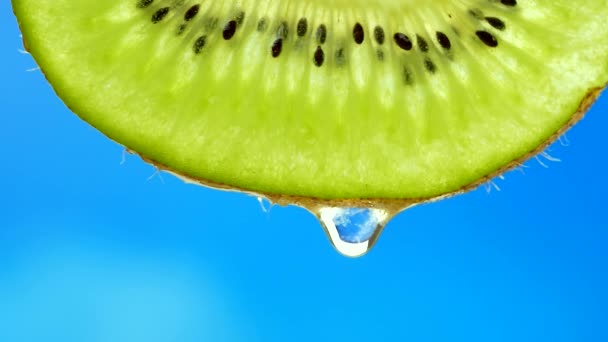 En droppe ren vatten eller juice droppande från en skiva kiwi — Stockvideo