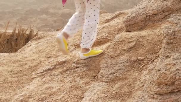 Donne che attraversano il terreno roccioso nel deserto nella giornata di sole — Video Stock