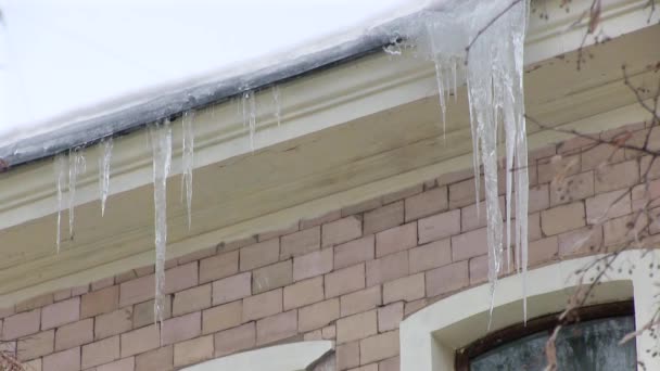 Icicles colgando del techo de la casa — Vídeos de Stock