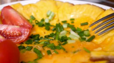 Domatesli kızarmış omlet ve yeşil soğan tabakta dönüyor.