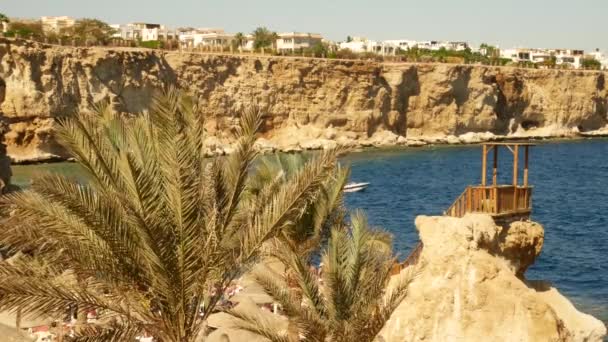 Plage sur la baie sur le littoral avec des vagues dans la mer bleue — Video