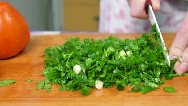 Corte de salsa e cebola verde a bordo — Vídeo de Stock