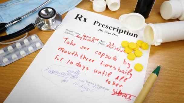Выписка рецепта препарата находится вблизи разбросанных желтых таблеток и таблеток — стоковое видео