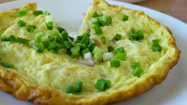 Sliced pices omelette with green onion — 图库视频影像