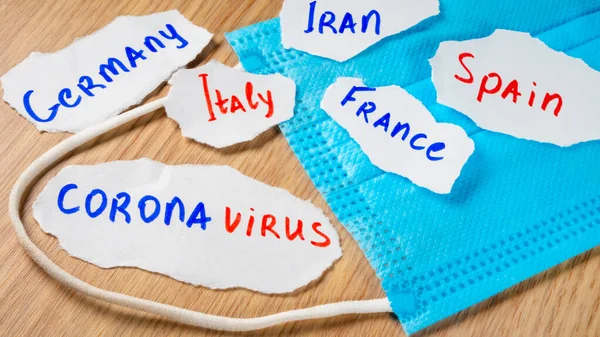 Kağıt üzerinde Coronavirus yazısıyla tıbbi yüz maskesi