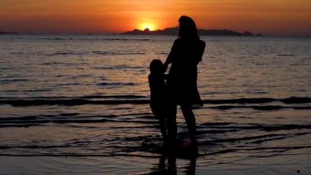 母亲和女儿手牵着手，在夕阳西下的海滨跳舞 — 图库视频影像