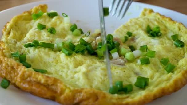 Corta ovos de omelete fritos — Vídeo de Stock