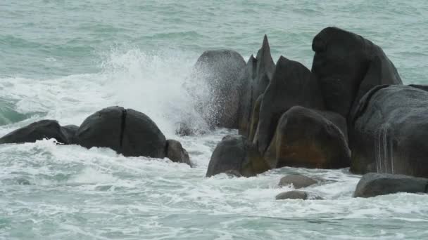 Powerful wave splashes across rock — Stock Video