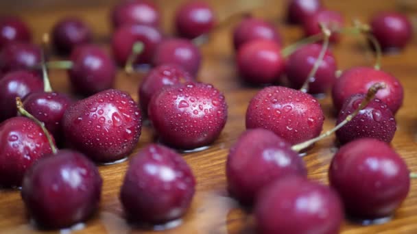 Gotas de agua salpican sobre jugosas cerezas rojas oscuras dulces maduras — Vídeo de stock