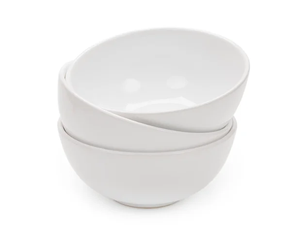 Malé kulaté bílé keramické misky pro potravinářské výrobky, izolované na — Stock fotografie
