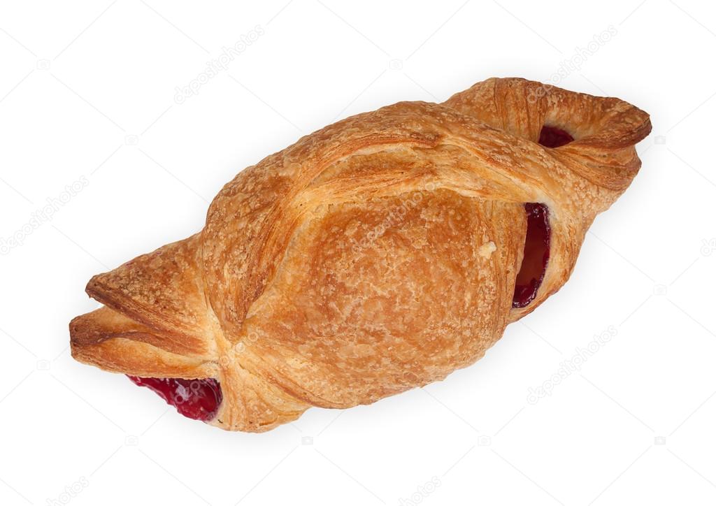 Sweet puff pastry bun with cherry jam, isolated on white backgro