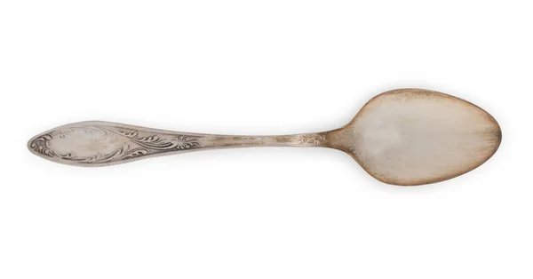 Ročník zrezivělý stříbro, staré zdobené lžičkou izolované na whi — Stock fotografie