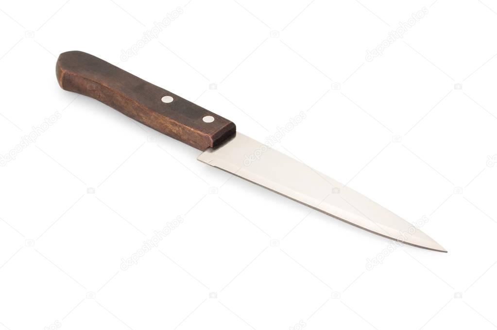 Chef's kitchen knife with wooden handle isolated on white backgr