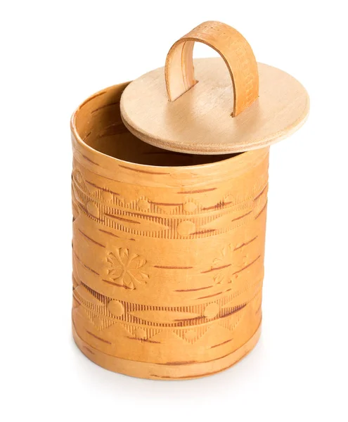 Decorative handmade barrel with embossing made of birch bark. De — Stock Photo, Image
