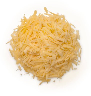 Yığın üstten görünüm, beyaz bir arka plan izole rendelenmiş peynir, 