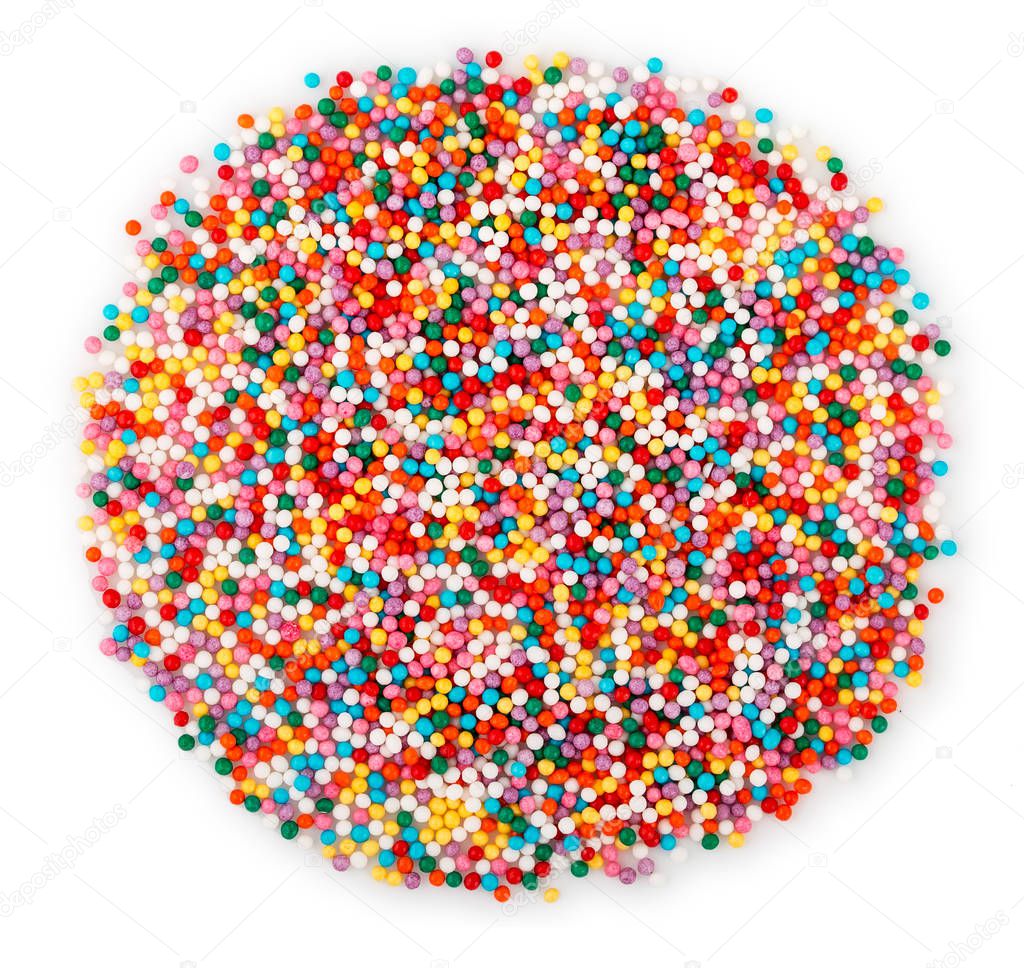 Round heap of colorful sprinkles for baking, isolated on white b