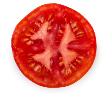 Beyaz arka plan üzerinde en iyi izole taze, olgun domates yarısı vie