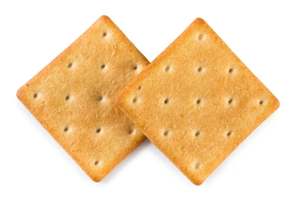Zwei knusprig gesalzene Cracker isoliert auf weißem Hintergrund, oben v — Stockfoto