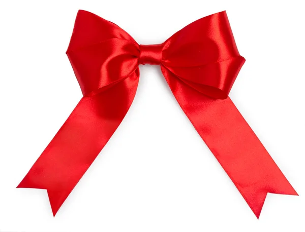 Big red satin gift ribbon bow, isolated on white background, top — Stock Photo, Image