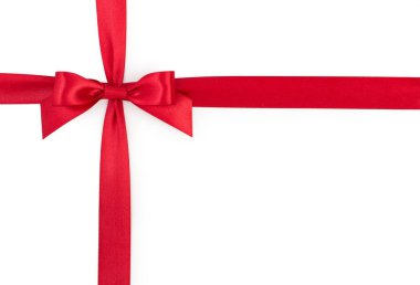 Beyaz arka plan üzerinde izole kırmızı saten hediye şerit yay top vie