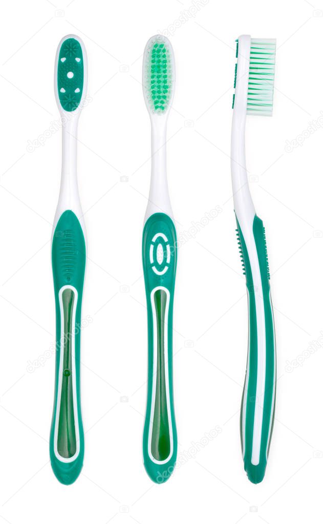 Three views of green toothbrush isolated on a white background. 