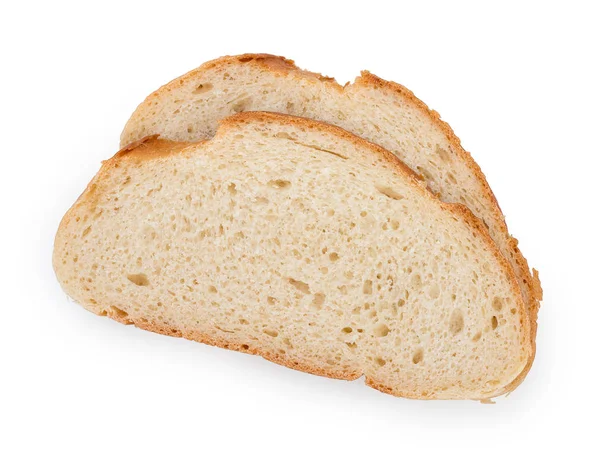 Par rebanadas de un pan largo aislado sobre un fondo blanco, cerca — Foto de Stock