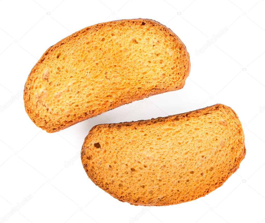 Pair of crispy rusks isolated on white background, close up, top