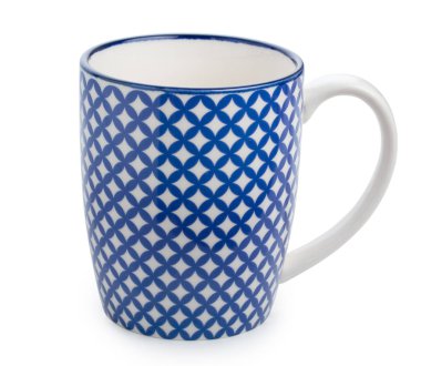 Beyaz ve mavi Kupası kahve veya çay beyaz adam izole için