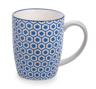 Beyaz ve mavi Kupası kahve veya çay beyaz adam izole için