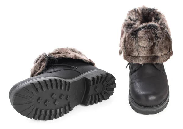 Pair of black winter fashion womens boots with fur isolated on a — Stock Photo, Image