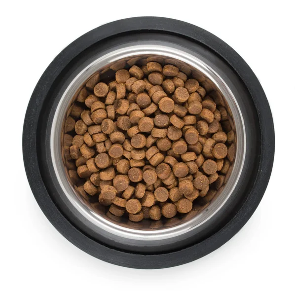 Металева чаша з нержавіючої сталі для собаки, кота або іншого домашнього улюбленця з сушеними — стокове фото
