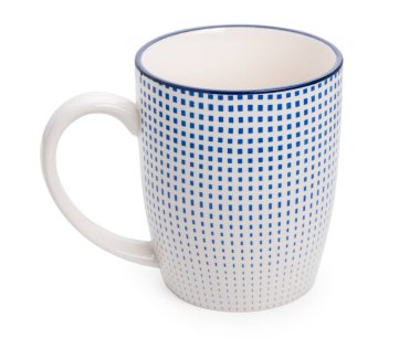 Beyaz ve mavi Kupası kahve veya çay beyaz adam izole için