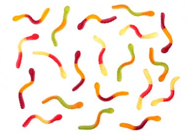 Colorful sweet gummy worms background isolated on white, close u clipart