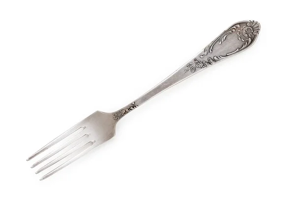 Oude roestige vintage zilveren vork geïsoleerd op een witte achtergrond, tot — Stockfoto
