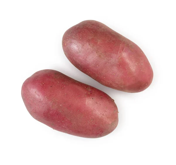 Paar junge rote rohe Kartoffeln isoliert auf weißem Hintergrund, oben v Stockfoto
