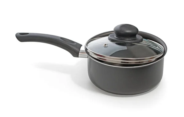 Black pan, stewpot with non-stick coating and glass cover isolat — Stock Photo, Image