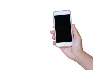 akıllı telefon mermiyi tutuyor. Akıllı telefon ile boş perde. Beyaz arka plan üzerinde izole.