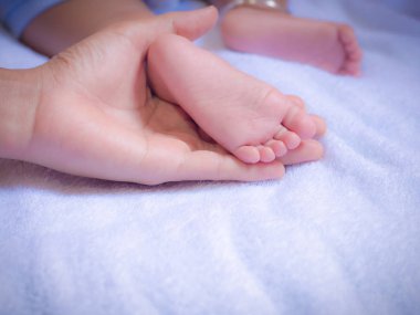 Bebe ayak anne elinde. Anne sevgisi bebek konsepti için.