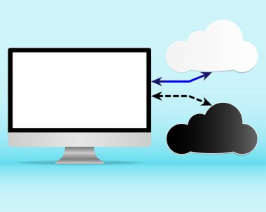 Bilgisayar göstermek boş beyaz ekran ile. Siyah bulutlar ve beyaz bulutlar ile bağlı bir okları. Risk bilgi işlem kavramı bulutlar.
