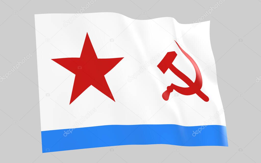 USSR naval flag, 3d render. Soviet Union navy flag with red star, hammer and sickle.