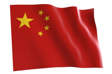 Çin bayrağı, 3D görüntü. Rüzgarda dalgalanan Çin bayrağı, beyaz arka planda izole..