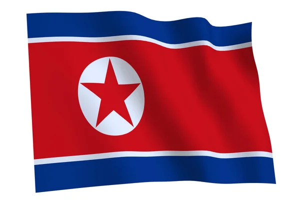 北朝鮮の旗 3Dレンダリング 北朝鮮の旗が風になびく 白い背景に隔離された — ストック写真